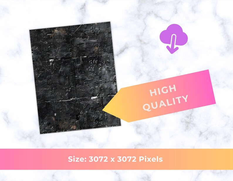May include: A textured, dark gray rectangular surface with a grid pattern. A pink and orange arrow-shaped graphic reads "HIGH QUALITY". A purple cloud icon with a downward arrow is also present. The image size is 3072 x 3072 pixels.