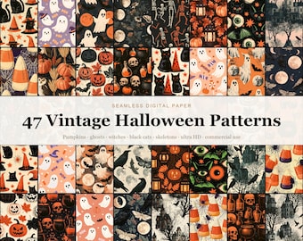 Vintage Halloween Seamless Digital Paper Bundle, 47 Spooky Pumpkin Ghost Witch Black Cat Skeleton Patterns, Retro Halloween Backgrounds, Com