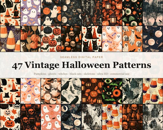 Vintage Halloween Seamless Digital Paper Bundle, 47 Spooky Pumpkin Ghost