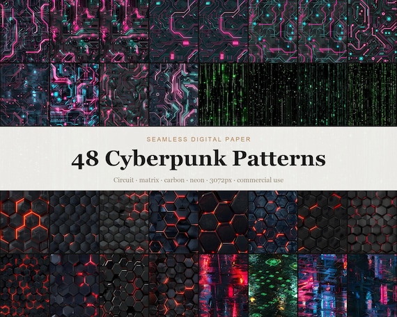 Cyberpunk Seamless Digital Paper Bundle, 48 Circuit Matrix Carbon Neon