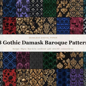 Può includere: Una collezione di 48 motivi di carta digitale senza giunture con disegni damascati gotici e barocchi. Le immagini includono corone dorate, teschi, leoni, gigli, candelabri e motivi floreali in vari colori come rosso, blu, viola e nero.
