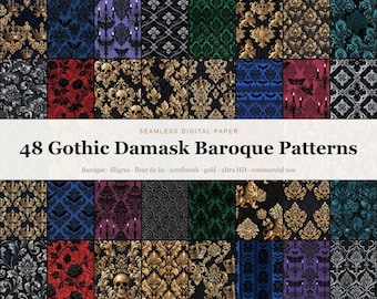Gothic Damask Seamless Digital Paper Bundle, 48 Dark Baroque Victorian Ornate Filigree Scrollwork Patterns, Black Gold Backgrounds, Commerci