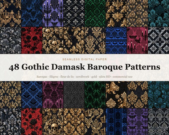 Gothic Damask Seamless Digital Paper Bundle, 48 Dark Baroque Victorian O