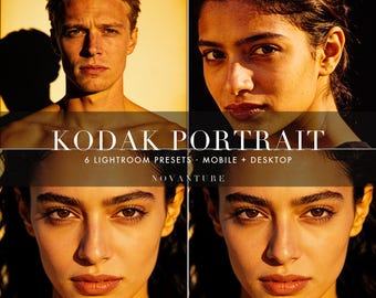May include: A digital product display featuring four portrait photographs with warm, golden-hour lighting. The text KODAK PORTRAIT, 6 LIGHTROOM PRESETS, MOBILE + DESKTOP, and NOVANTURE is overlaid in white on a dark horizontal band across the centre.