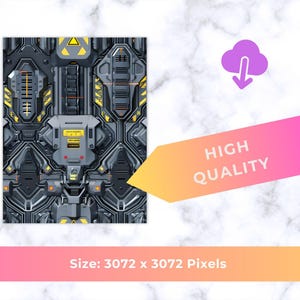 May include: A digital graphic pattern featuring a repeating sci-fi mechanical texture in shades of dark gray and black with bright yellow hazard stripes and orange accents. The design includes complex geometric panels and industrial components.