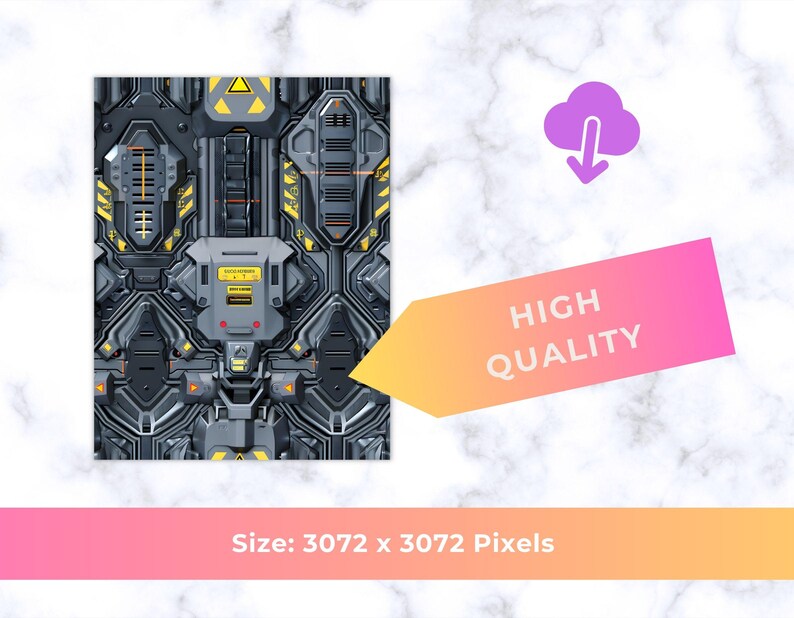 May include: A digital graphic pattern featuring a repeating sci-fi mechanical texture in shades of dark gray and black with bright yellow hazard stripes and orange accents. The design includes complex geometric panels and industrial components.