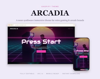 Retro Gaming Shopify Theme, 80s Arcade Synthwave Store Template, Neon Pixel Video Game Merch Website, Animated OS 2.0, Instant Download