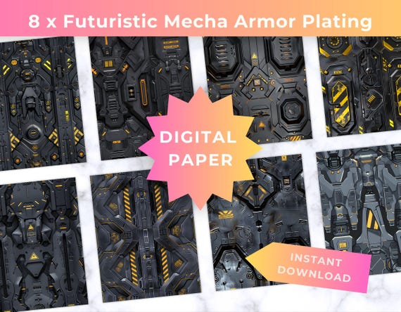 Seamless Mecha Armor Patterns, Cyberpunk Metal Digital Paper, Futurist