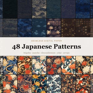 May include: A collection of 48 seamless digital paper patterns featuring Japanese motifs. The top section displays dark blue and black geometric designs, while the bottom section shows colorful floral and dragon illustrations with the text 48 Japanese Patterns.
