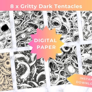 Puede incluir: Ocho diseños de papel digital con ilustraciones de tentáculos oscuros y arenosos en blanco y negro. Los diseños incluyen imágenes de ojos, dientes y tentáculos. También son visibles las palabras "DIGITAL PAPER" e "INSTANT DOWNLOAD".