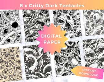 May include: Eight digital paper designs featuring gritty, dark tentacle illustrations in black and white. The designs include images of eyes, teeth, and tentacles. The words "DIGITAL PAPER" and "INSTANT DOWNLOAD" are also visible.