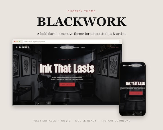 Blackwork Shopify Theme, Dark Tattoo Studio Website, Artist Booking (I