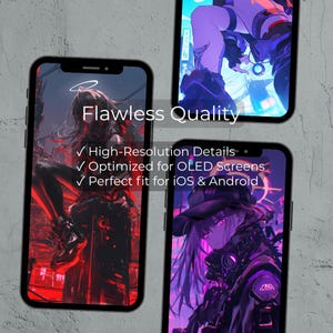 May include: Three smartphones displaying anime-style artwork. The screens feature images in red, purple, and blue hues. Text on the image reads "Flawless Quality", "High-Resolution Details", "Optimized for OLED Screens", and "Perfect fit for iOS & Android".