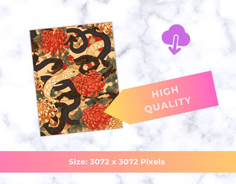 May include: A rectangular print featuring a repeating pattern of black and cream-colored snakes, red and yellow chrysanthemums, and green leaves on a tan background. The print is labeled "HIGH QUALITY" and the size is 3072 x 3072 pixels.