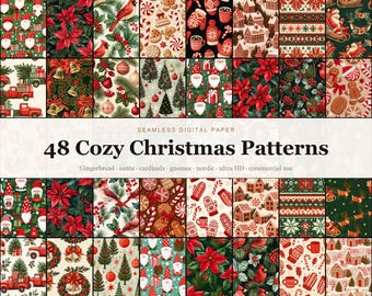 Cozy Christmas Seamless Digital Paper Bundle, 48 Vintage Gingerbread Santa Nordic Gnome Cardinal Patterns, Festive Xmas Backgrounds, Commerc