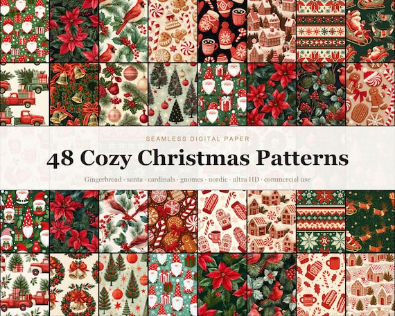 Cozy Christmas Seamless Digital Paper Bundle, 48 Vintage Gingerbread San