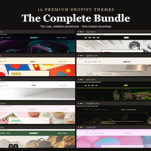 Op de afbeelding: Een digitale collectie getiteld 10 Premium Shopify Themes The Complete Bundle, met tien verschillende website-ontwerpen weergegeven in browservensters, met diverse lay-outs, kleurenschema's en grafische elementen voor e-commerce.