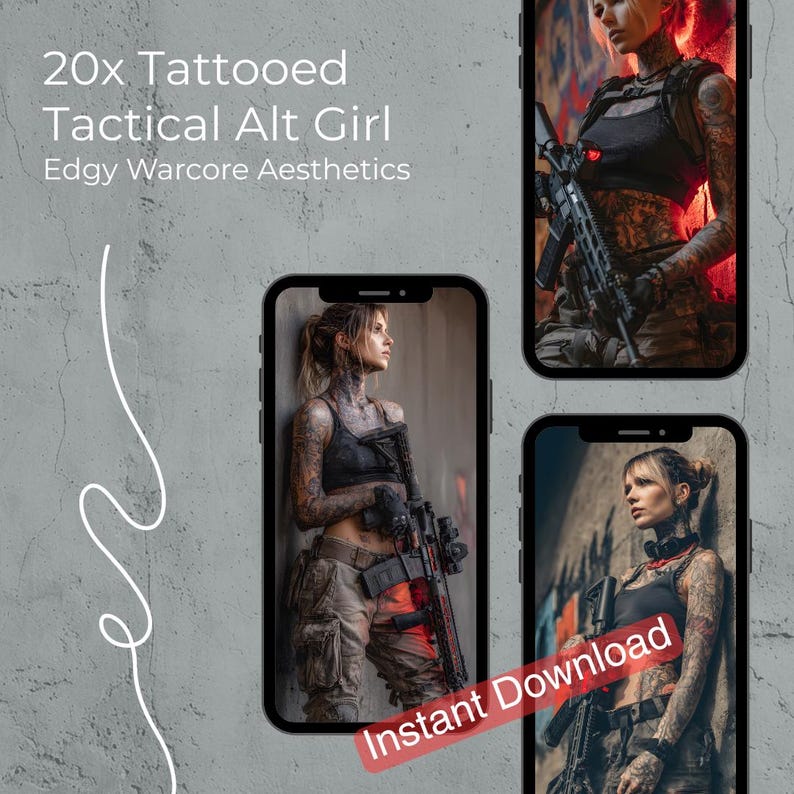 May include: Digital artwork showing a woman with tattoos, holding a rifle, and wearing tactical clothing. The image is displayed on a smartphone screen, with the text "20x Tattooed Tactical Alt Girl" and "Instant Download".