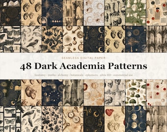 Dark Academia Seamless Digital Paper Bundle, 48 Vintage Occult Anatomy Moth Alchemy Botanical Ephemera Patterns, Junk Journal, Commercial Us