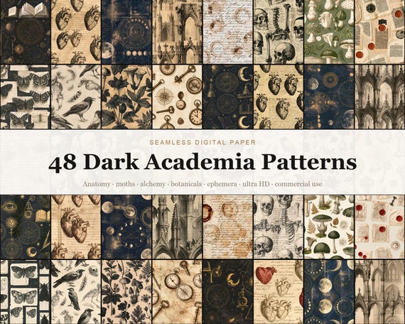 Dark Academia Seamless Digital Paper Bundle, 48 Vintage Occult Anatomy M