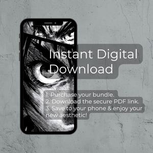 Pu&ograve; includere: Uno smartphone nero mostra una grafica di un occhio in bianco e nero in stile manga. Il testo "Instant Digital Download" &egrave; sopra le istruzioni: "Acquista il tuo pacchetto. Scarica il link PDF sicuro. Salva sul tuo telefono e goditi la tua nuova estetica!"