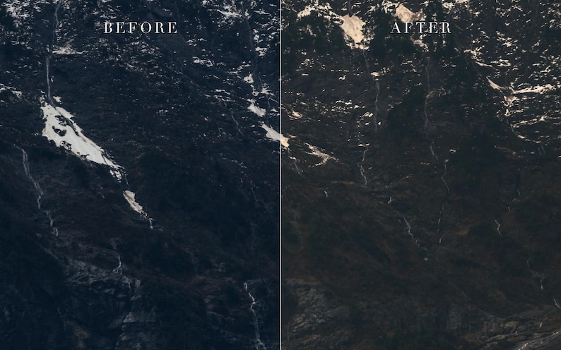 Bundel met Lightroom-presets voor sfeervolle berglandschappen, cinematische reisfotografie (mobiel/desktop) afbeelding 6