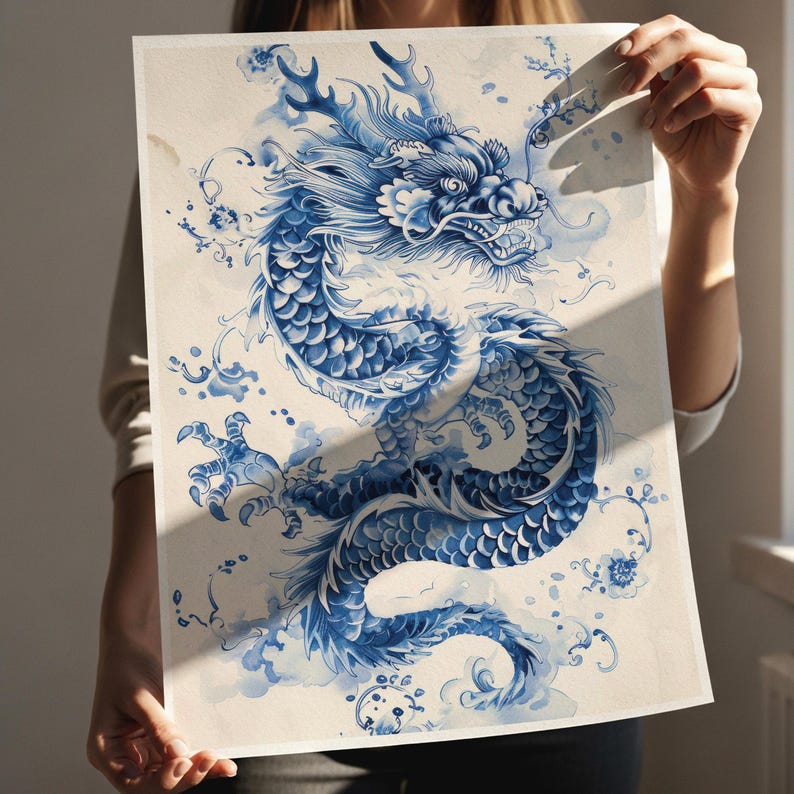 Asian Wall Art Print, Blue Dragon Poster, Traditional Eastern Decor, Digital Download image 3