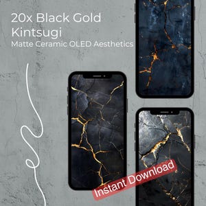 May include: Smartphones displaying a black and gold Kintsugi design. The phones showcase a matte ceramic OLED aesthetic with a cracked, marble-like pattern in black and gold. The text "20x Black Gold Kintsugi" is visible.