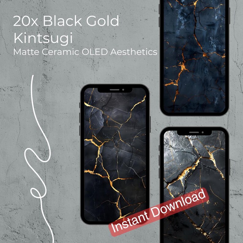 May include: Smartphones displaying a black and gold Kintsugi design. The phones showcase a matte ceramic OLED aesthetic with a cracked, marble-like pattern in black and gold. The text "20x Black Gold Kintsugi" is visible.