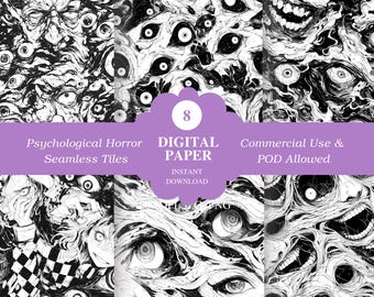 May include: Digital paper set featuring eight seamless tiles with psychological horror themes. The black and white illustrations depict unsettling imagery of eyes, faces, and abstract forms. Includes text: "Psychological Horror Seamless Tiles" and "Digital Paper".
