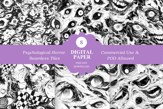 Dark Manga Spiral Seamless Patterns, Psychological Horror Digital Paper,