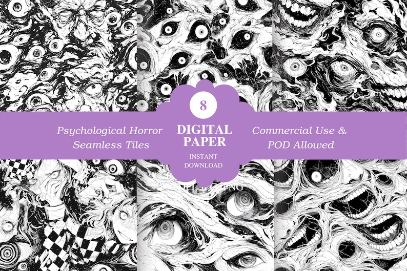 Op de afbeelding: Digitale papier set met acht naadloze tegels met psychologische horrorthema's. De zwart-wit illustraties tonen verontrustende beelden van ogen en gezichten. Bevat tekst: "Psychological Horror Seamless Tiles" en "Digital Paper".