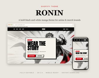 Ronin Shopify Theme, Bold Black White Manga Website (Instant Download)