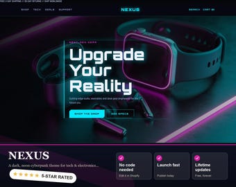 Tech Shopify Theme, Cyberpunk Gadget Electronics Template, Dark Neon OS 2.0 Website, Instant Download