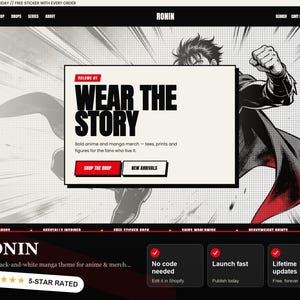 Tema Ronin para Shopify, sitio web de manga en blanco y negro (descarga instantánea)