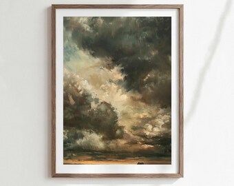 May include: A framed wall art print featuring an oil painting of a dramatic, stormy sky filled with thick, dark gray and golden-brown clouds. The artwork is encased in a simple, medium-toned wooden frame with a white mat border.