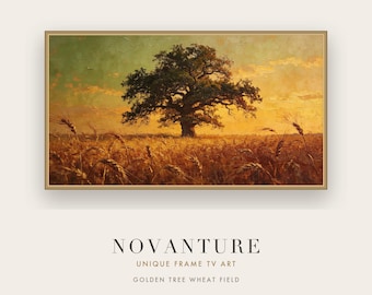 Samsung Frame TV Art Golden Tree Wheat Field Rustic Landscape Warm Vintage Oil Painting