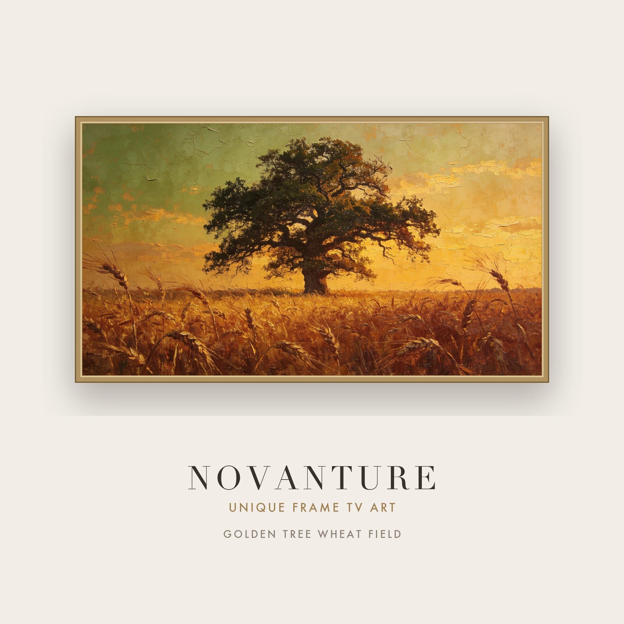 Samsung Frame TV Art Golden Tree Wheat Field Rustic Landscape Warm Vintage Oil P