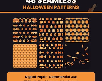 Halloween Seamless Digital Paper Bundle, 48 Spooky Patterns, Bats Ghost Pumpkin Skull, Commercial Use, 300 DPI Printable Scrapbook PNG