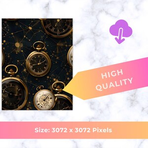 May include: A repeating pattern of antique pocket watches with gold-colored cases and black faces. The background is a dark blue with gold constellation-like designs. The image includes the text "HIGH QUALITY".
