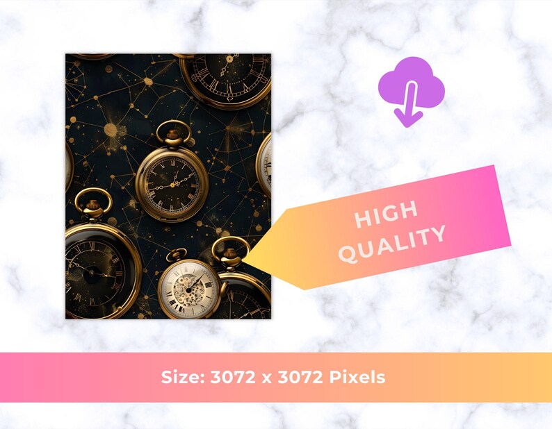 May include: A repeating pattern of antique pocket watches with gold-colored cases and black faces. The background is a dark blue with gold constellation-like designs. The image includes the text "HIGH QUALITY".