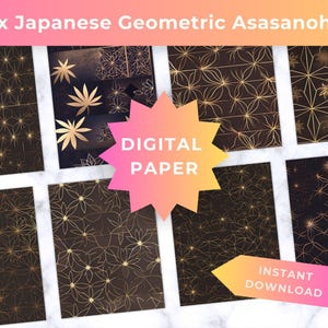 May include: Eight digital paper sheets featuring Japanese Asasanoha geometric patterns in gold lines on a dark black background. The collection includes various star-like and floral motifs arranged in repeating grid structures.