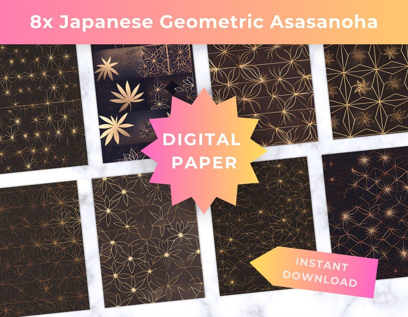 May include: Eight digital paper sheets featuring Japanese Asasanoha geometric patterns in gold lines on a dark black background. The collection includes various star-like and floral motifs arranged in repeating grid structures.