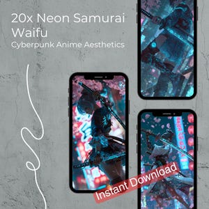iPhone Wallpaper Neon Cyberpunk Samurai Waifu Bundle (Digital Download) image 1