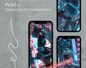 Pacchetto di sfondi per iPhone Neon Cyberpunk Samurai Waifu (download digitale)