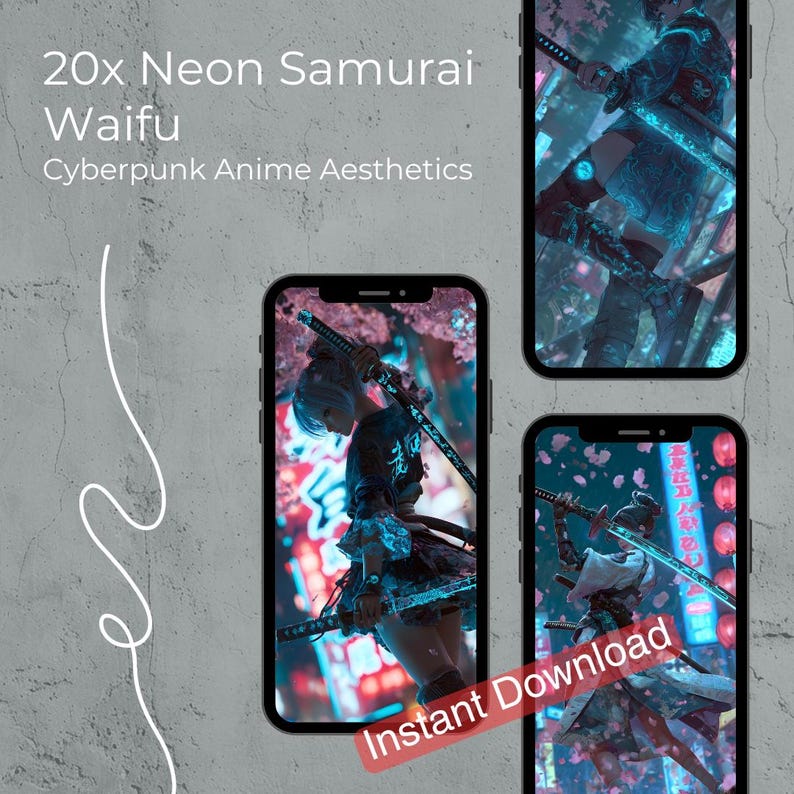 iPhone Wallpaper Neon Cyberpunk Samurai Waifu Bundle (Digital Download) image 1