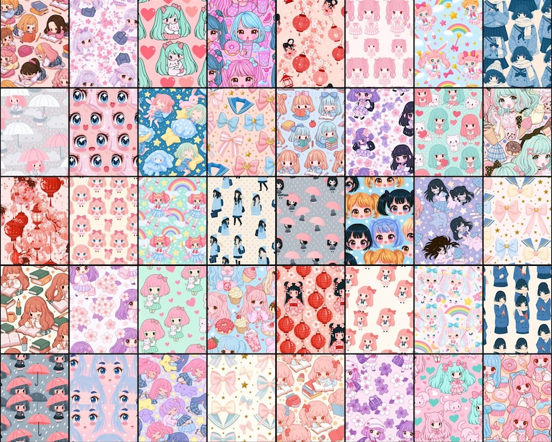 Kawaii Anime School Girl Patterns digital paper bundle