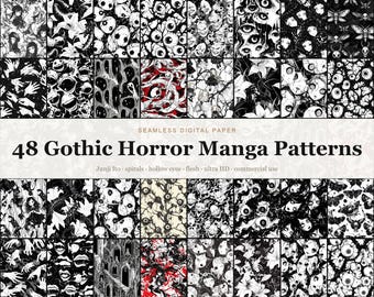 Gothic Horror Manga Seamless Digital Paper Bundle, 48 Junji Ito Psychological Horror Patterns, Grotesque Anime Backgrounds, Commercial Use