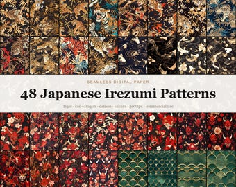 Japanese Irezumi Seamless Digital Paper Bundle, 48 Dark Tiger Koi Dragon Demon Tattoo Patterns, Scrapbook Junk Journal, Commercial Use