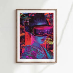 May include: A framed wall art print featuring a person with dark hair styled in a traditional updo with hairpins, wearing a patterned kimono and a glowing neon pink virtual reality headset. The artwork uses vibrant shades of red, blue, and purple.